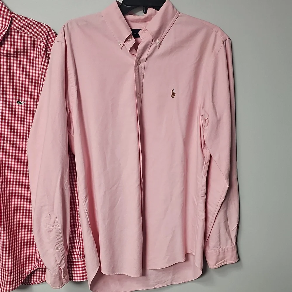 Vineyard Vines Men's Medium Red Check Plaid & Ralph Lauren Peach Button Down - Picture 9 of 16